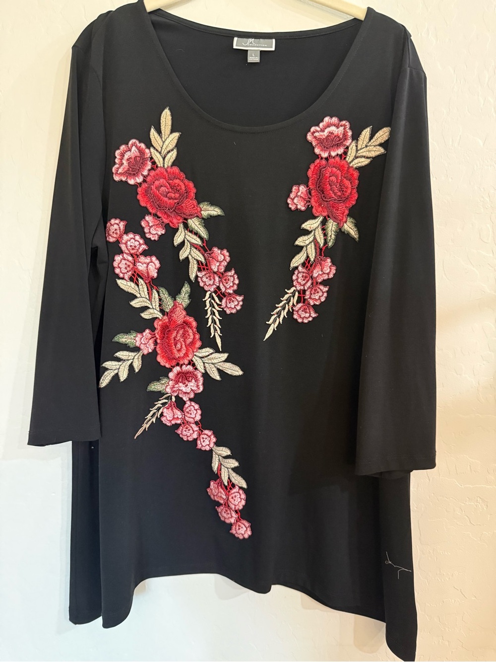Alfani Black Tunic with Red & Pink Floral Embroidery